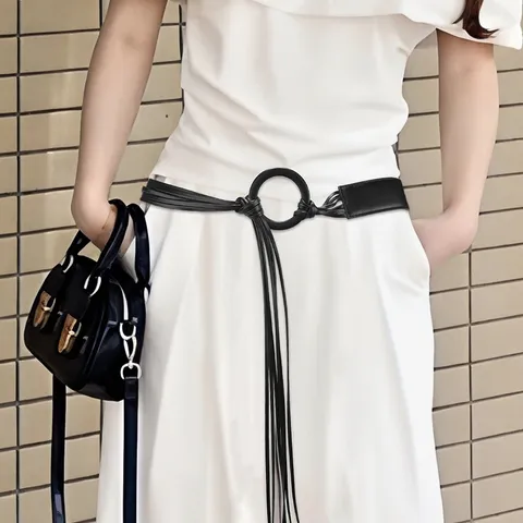 Women Fashion Tassel Belt PU Leather Waist Belt With Round Square Buckle Tie Up Decorative Waistband For Dress Coat Accessory