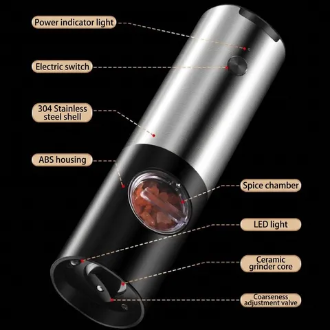 Electric Pepper Grinder Stainless Steel Automatic Salt Herb Mill With Adjustable Coarseness LED Light Rechargeable Kitchen Tool