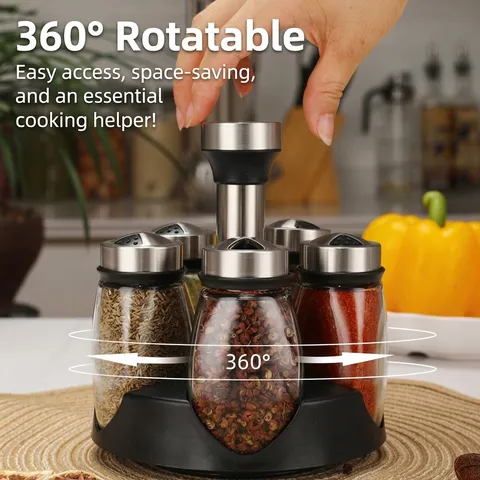 Revolving Spice Rack Set 6 Glass Jars Stainless Steel Seasoning Bottles Rotating Storage Organizer For Kitchen Salt Pepper Shaker Countertop