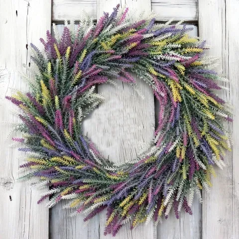 Couronne de Lavande Artificielle pour Porte d'Entrée Décoration Murale Maison Guirlande Florale Printemps Été pour Mariage Fête