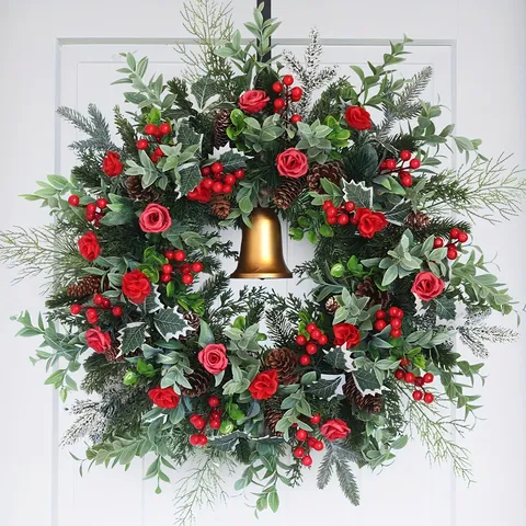 American Artificial Christmas Wreath With Red Berries Rose Golden Bell Pine Cones Eucalyptus Leaves For Front Door Decor