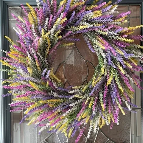 Couronne de Lavande Artificielle pour Porte d'Entrée Décoration Murale Maison Guirlande Florale Printemps Été pour Mariage Fête