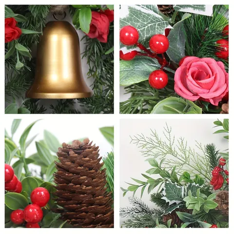 American Artificial Christmas Wreath With Red Berries Rose Golden Bell Pine Cones Eucalyptus Leaves For Front Door Decor