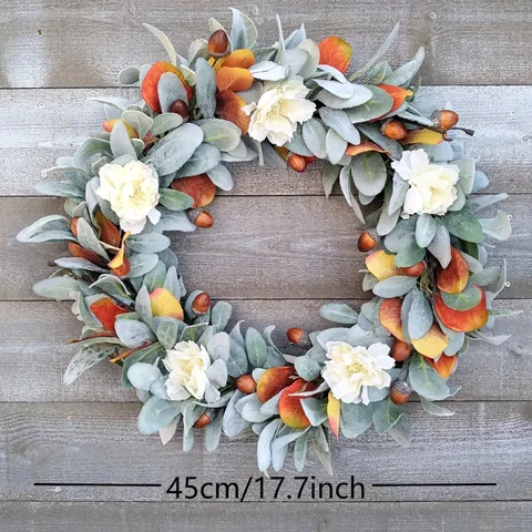 Artificial Thanksgiving Wreath With Lambs Ear Leaves White Peony Flowers Maple Leaves Acorns For Harvest Festival Fall Home Door Decor