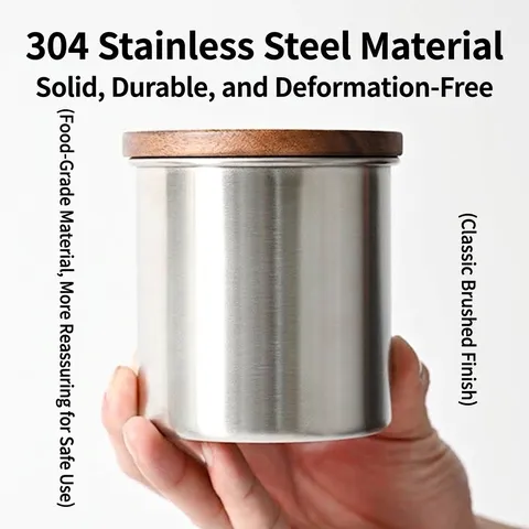 304 Stainless Steel Coffee Bean Storage Jar With Solid Wood Lid Airtight Moisture-Proof Food Canister Kitchen Storage Jar