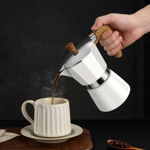 Italian Octagonal Moka Pot Espresso Maker Aluminum Coffee Percolator With Wood Grain Handle For Home Office Manual Coffee Brewer