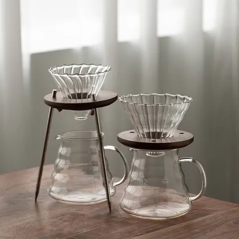 Retro Japanese Black Walnut Pour Over Coffee Stand With 304 Stainless Steel Base And Borosilicate Glass Coffee Pot Filter Kit