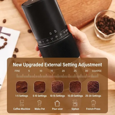 Portable Electric Coffee Grinder USB Rechargeable Burr Mill With 30 Adjustable Settings For Home Office Travel Espresso Grinding