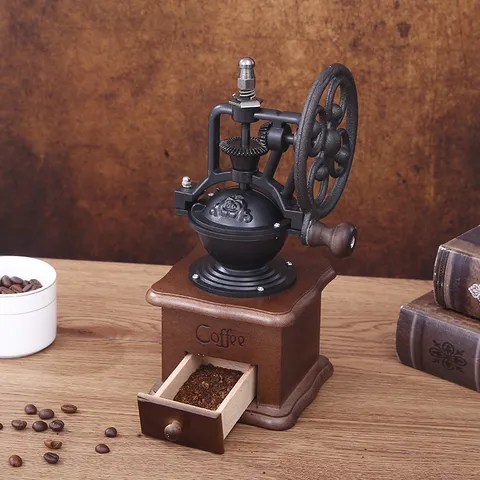 Macinacaffè Manuale in Ghisa Retrò a Manovella d'Epoca con Base in Legno Design a Ruota Panoramica Arredo per Casa e Ufficio