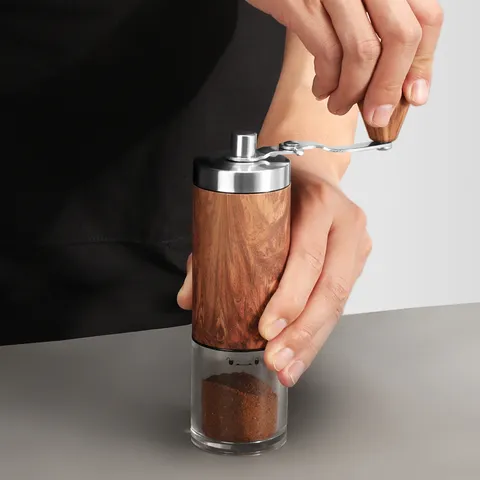 Molinillo de Café Manual de Manivela Portátil con Diseño de Veta de Madera y Muelas de Cerámica Acero Inoxidable para Cocina