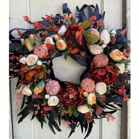 Halloween Black Leaf Plastic Wreath Pumpkin Peony Rose Front Door Hanging Decoration Autumn Thanksgiving Home Wall Decor