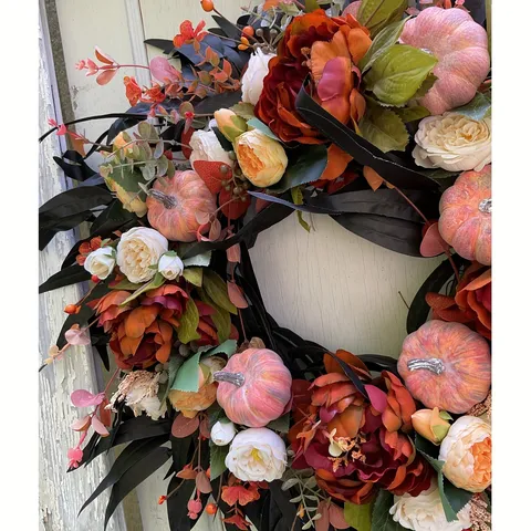 Halloween Black Leaf Plastic Wreath Pumpkin Peony Rose Front Door Hanging Decoration Autumn Thanksgiving Home Wall Decor