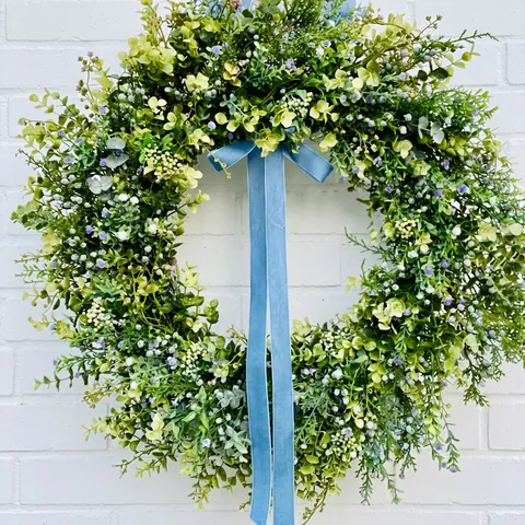 Artificial Eucalyptus Green Leaf Wreath With Blue Ribbon Bowknot Spring Summer Home Yard Wall Hanging Decorative Wreath