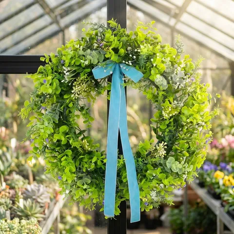 Artificial Eucalyptus Green Leaf Wreath With Blue Ribbon Bowknot Spring Summer Home Yard Wall Hanging Decorative Wreath