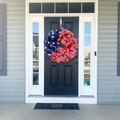 Independence Day Wreath American Flag Patriotic Door Hanging Mesh Fabric Red White Blue Star Striped Fourth Of July Home Porch Decor