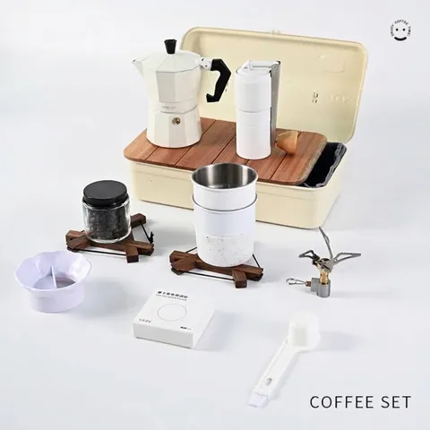 Outdoor Portable Moka Coffee Pot Set With Manual Grinder Stainless Steel Cup Folding Stove Iron Storage Box Camping Coffeeware Gift Set