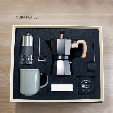 Manual Coffee Grinder Moka Pot Gift Set With Ceramic Mug Coffee Beans Storage Jar Filter Paper And Spoon Matte Coated Coffeeware Kit For Home Office