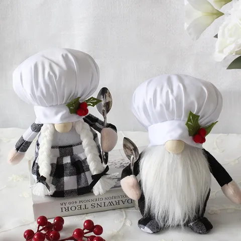 Christmas Chef Gnome Plush Ornaments Black White Checkered Faceless Doll With Spoon For Xmas Holiday Home Decoration