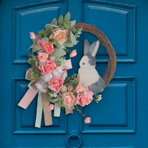 Easter Bunny Wreath Artificial Rose Flower Garland Door Hanging Decoration For Home Party Minimalist Holiday Pendant