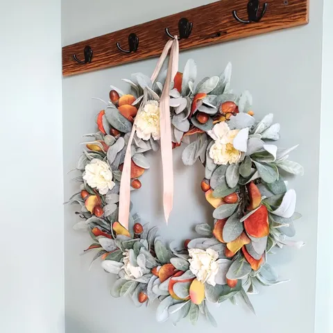 Artificial Thanksgiving Wreath With Lambs Ear Leaves White Peony Flowers Maple Leaves Acorns For Harvest Festival Fall Home Door Decor