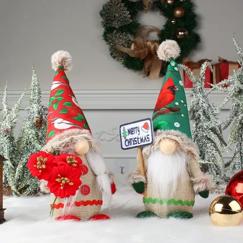 Christmas Faceless Gnome Doll Festive Standing Gnome With Bird Print Hat Linen Plush Dwarf Doll For Holiday Home Decor Party Ornaments