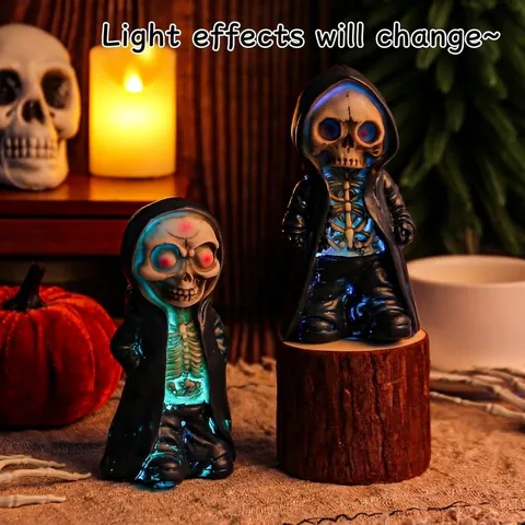 Halloween Glowing Skeleton Figurine Reaper Resin Statue With Hooded Cloak Horror LED Desktop Ornament Home Party Decor
