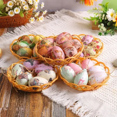 Easter Egg Hanging Ornaments Mini Woven Basket Rabbit Flower Patterns Foam Decorative Eggs For Party Home Scene Layout