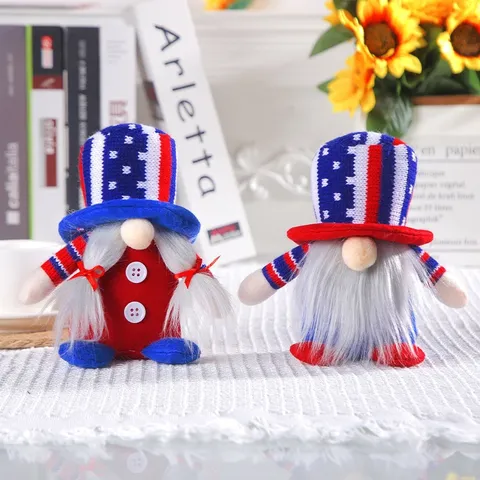 Adornos de Muñeco de Gnomo de Punto del Día de la Independencia de EE UU Decoraciones de Mesa de Peluche Patrióticas para la Fiesta del 4 de Julio