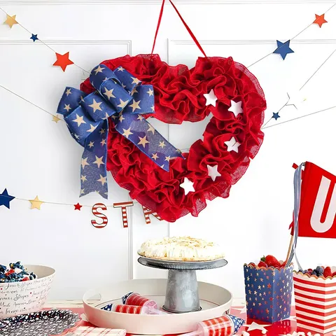 US Independence Day Heart Wreath Fabric Bow Star Hanging Decoration Red Blue White Wreath For Door Wall Home Party Decor