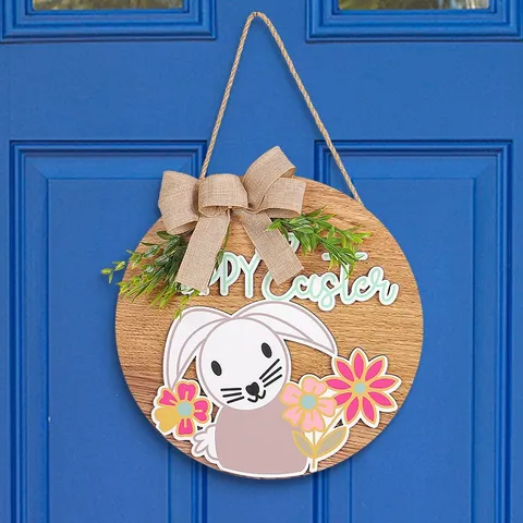 Vrolijk Pasen Konijn Houten Bord Ronde Krans Hanger Voor Voordeur Buitendecoratie Feestelijke Florale Konijn Plaque Ornament