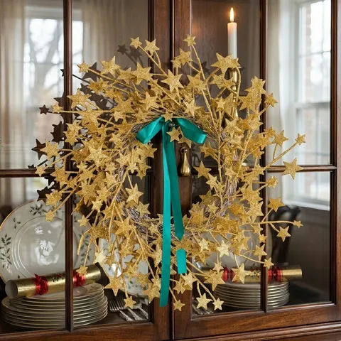 Ghirlanda Natalizia in Rattan Con Stelle Dorate Luccicanti Decorazione da Appendere Alla Porta Con Fiocco di Satiro Verde