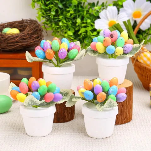 Creative Easter Egg Artificial Plant Bonsai Colorful Spotted Eggs Potted Ornament For Outdoor Yard Holiday Home Decoration