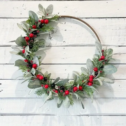 Artificial Christmas Wreath Red Berries Pine Needles Lambs Ear Leaves Wreath For Front Door Wall Decor Winter Holiday Home Party