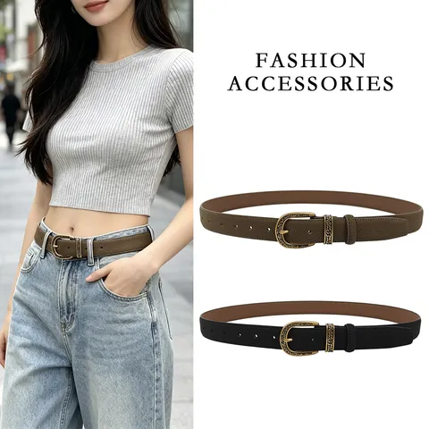Women Vintage Pigskin Leather Belt with Engraved Alloy Pin Buckle Casual Fashion Waistband for Jeans Skirts Accessory