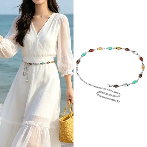 Cinturón de Cadena de Cintura con Cuentas Bohemias para Mujer Cadena de Cuerpo de Metal Fina Ajustable Accesorio para Vestido de Playa