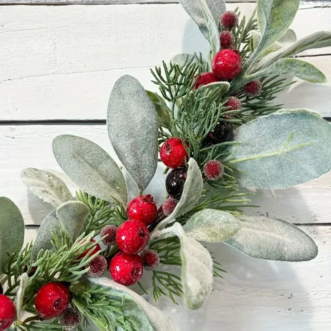 Artificial Christmas Wreath Red Berries Pine Needles Lambs Ear Leaves Wreath For Front Door Wall Decor Winter Holiday Home Party