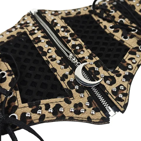 Ceinture Corset Large pour Femmes Imprimé Léopard Ceinture Élastique avec Pendentif Lune Fermeture Éclair Punk Rivet Laçage Robe Taille