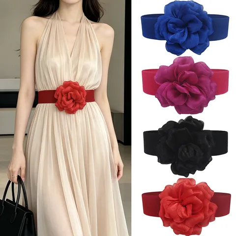 Women's Fashion 3D Flower Elastic Waist Belt Wide Cinch Belt For Dresses Snap Button Stretch Waistband Party Performance Decoration