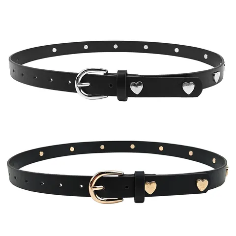 Women Fashion PU Leather Belt Heart Metal Studs Decorative Pin Buckle Waistband For Jeans Windbreaker Coat Accessory