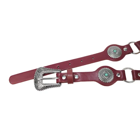 Bohemian Retro Faux Leather Belt For Women Y2K Decorative Waistband With Engraved Alloy Buckle And Turquoise Embellishment