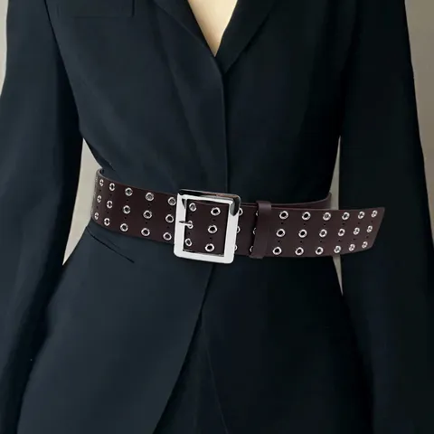 Women Wide Waist Belt PU Leather Triple Eyelet Decorative Cinch Belt For Suits Dresses Silver Buckle Punk Style Waistband