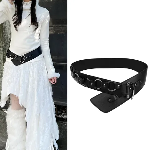 Retro Western Wide Belt Women Punk Streetwear Metal Ring Patchwork PU Leather Waistband Alloy Hook Studded Accessory