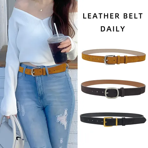 Women Matte Suede Real Leather Belt Versatile Cowhide Waist Strap For Jeans Dress Fashion Vintage Alloy Pin Buckle Belt
