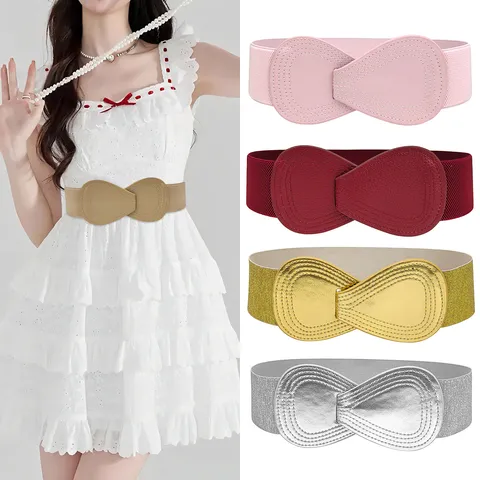Women Elastic Waist Belt Wide Corset Belt Interlocking Buckle PU Leather Cinch Belt For Dresses Down Jackets Coats Accessories