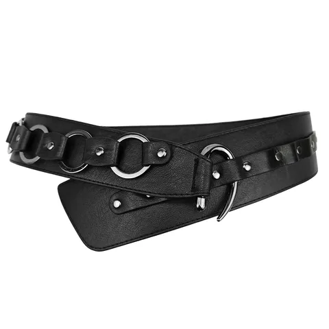 Retro Western Wide Belt Women Punk Streetwear Metal Ring Patchwork PU Leather Waistband Alloy Hook Studded Accessory