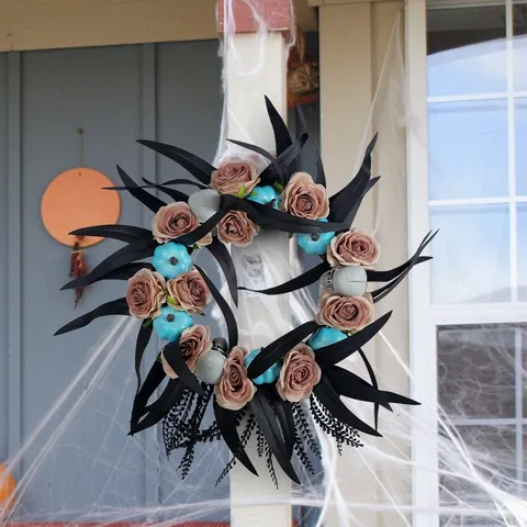 Halloween Pumpkin Skull Wreath Blue Rose Black Leaf Gothic Artificial Vine Door Hanging Festive Party Home Wall Decor