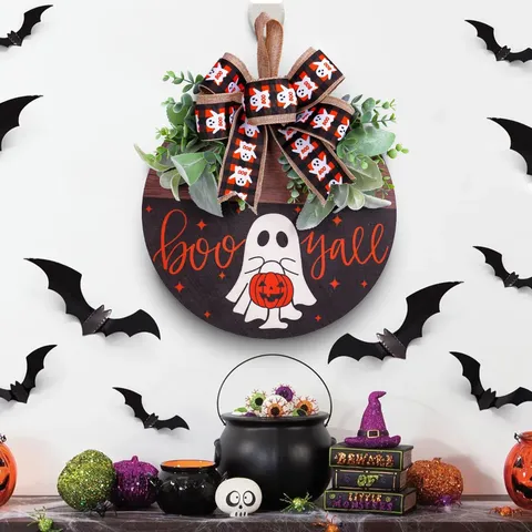 Halloween Plaque en Bois Fantôme Citrouille Rond Suspendu de Porte Nœud Plaid Fausses Plantes Vertes Couronne Murale Fête Maison