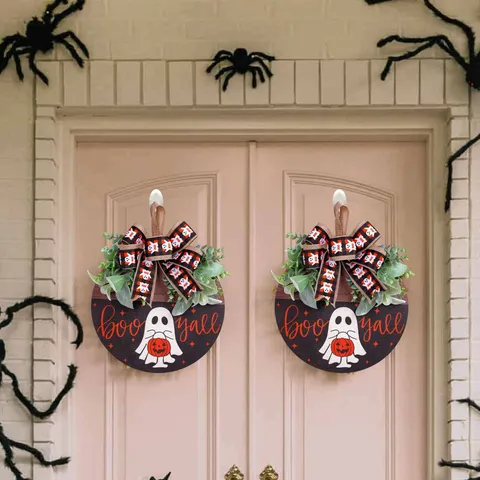 Halloween Plaque en Bois Fantôme Citrouille Rond Suspendu de Porte Nœud Plaid Fausses Plantes Vertes Couronne Murale Fête Maison