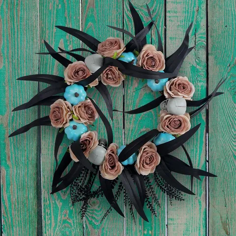 Halloween Pumpkin Skull Wreath Blue Rose Black Leaf Gothic Artificial Vine Door Hanging Festive Party Home Wall Decor