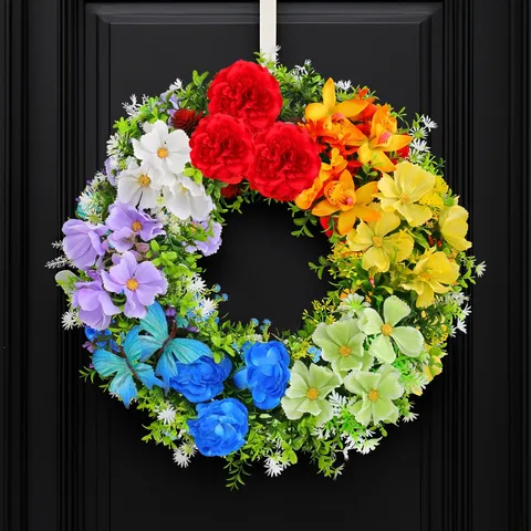 Spring Rainbow Artificial Flower Wreath Floral Door Hanging Decoration With Butterfly For Home Wedding Party Wall Decor